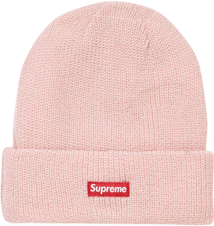 A Pink Beanie With A Red Logo