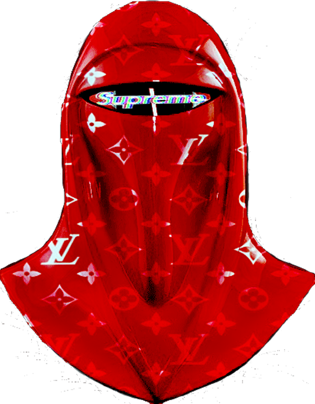 A Red Mask With White Logos