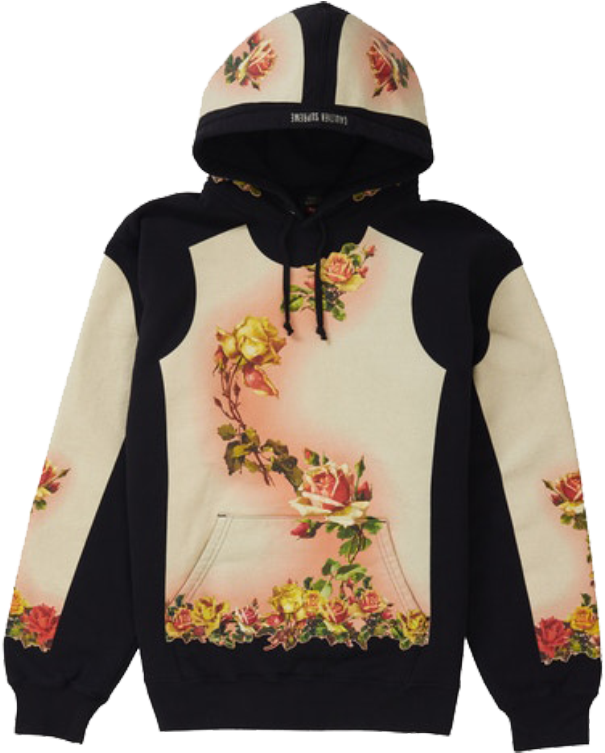 A Black And White Hoodie With A Floral Design