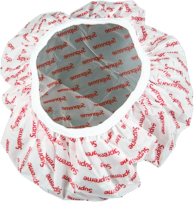 A White Shower Cap With Red Text