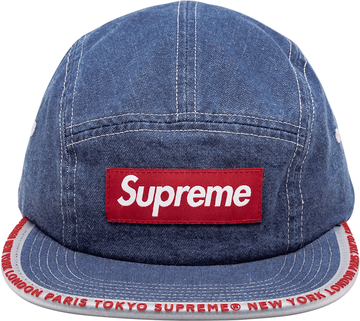 A Blue Hat With A Red Logo On It