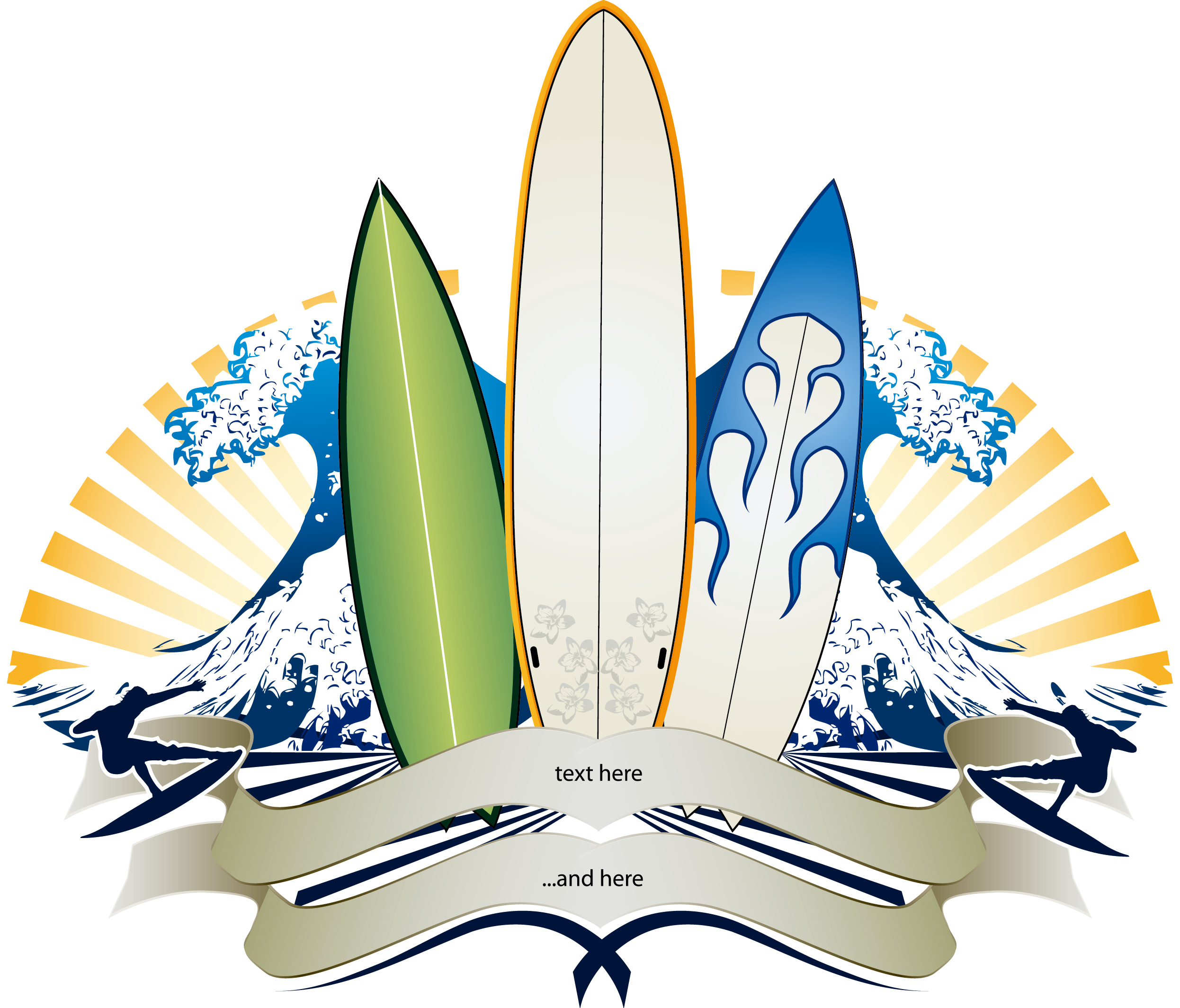 A Group Of Surfboards With A Banner