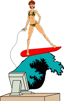 A Cartoon Of A Woman In A Garment Surfing