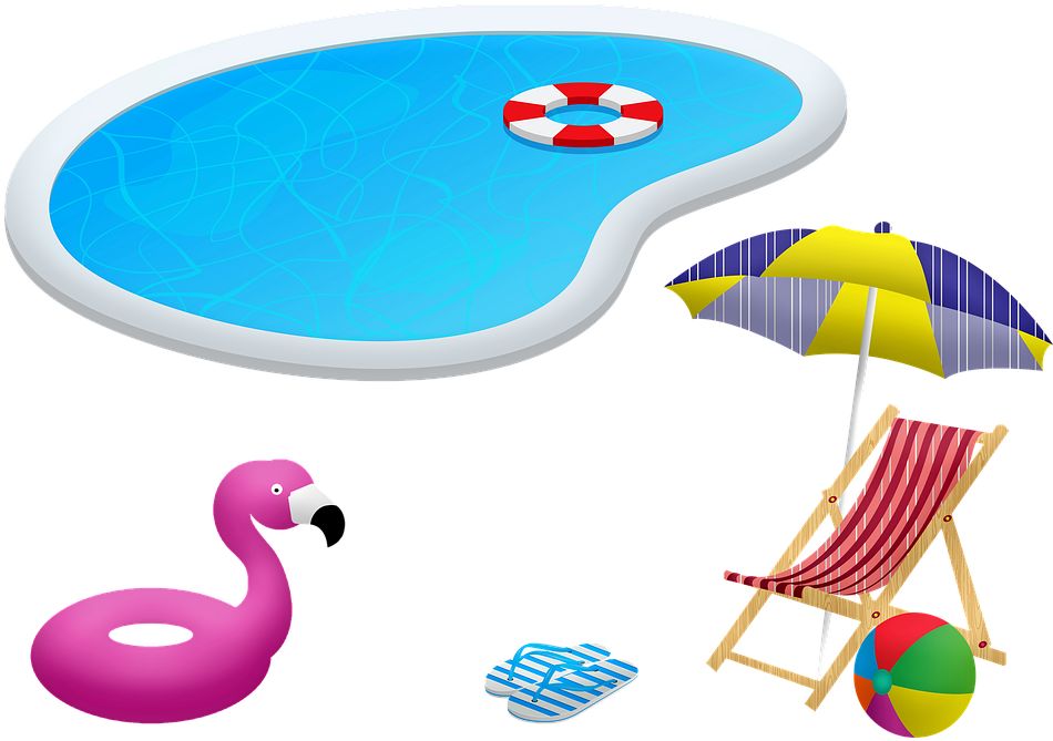A Pool With An Inflatable Flamingo And Umbrella
