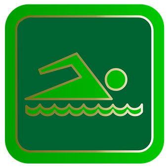 A Green And Gold Sign With A Person Swimming In The Water