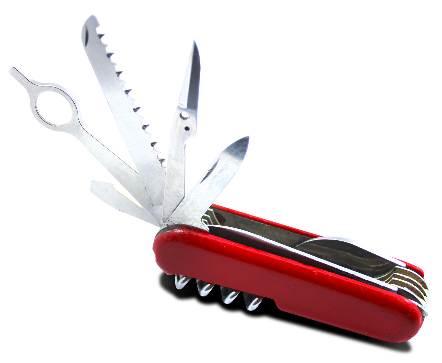 A Red Pocket Knife With Many Different Tools