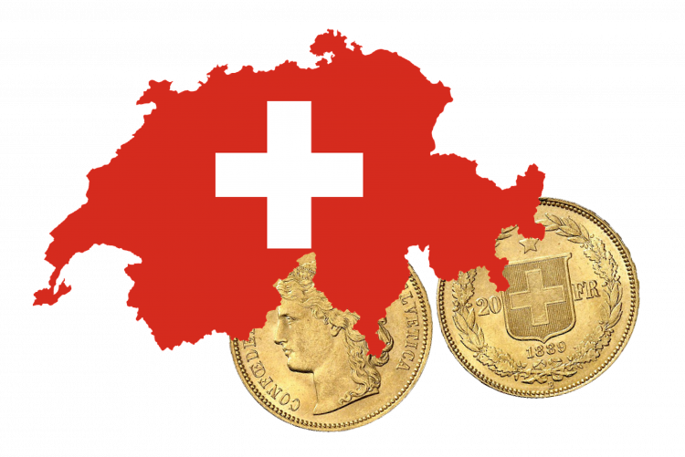 A Map Of Switzerland With A White Cross On Top Of A Gold Coin