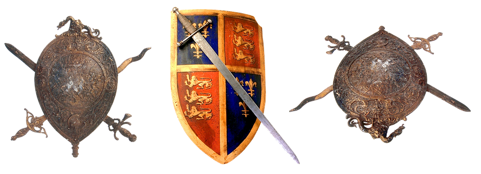 A Sword And Shield With Lions On It