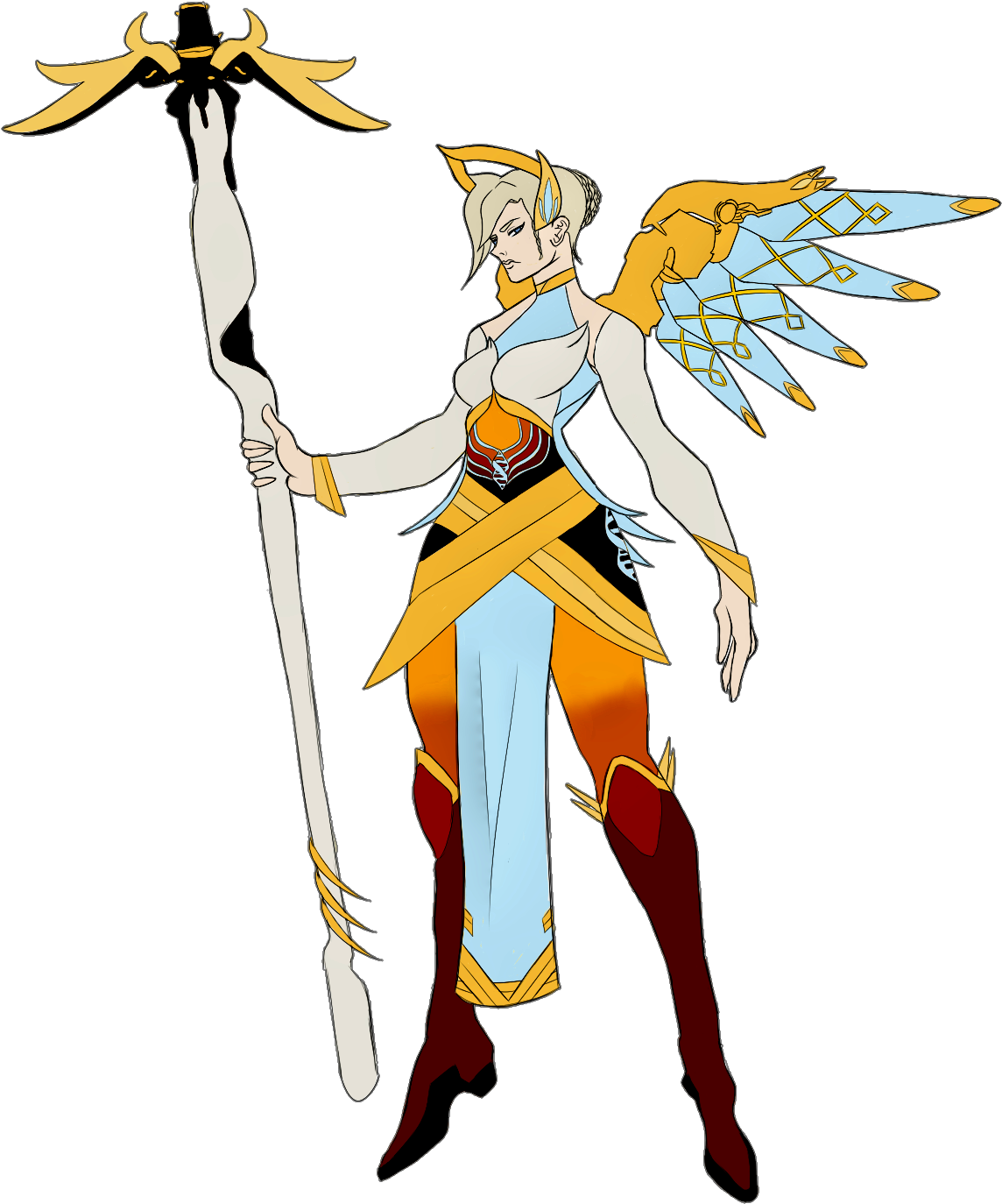 A Cartoon Of A Woman With Wings And A Staff