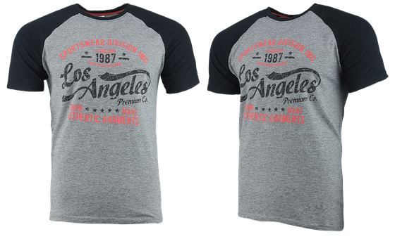 A Couple Of Grey And Black T-shirts With Red Text