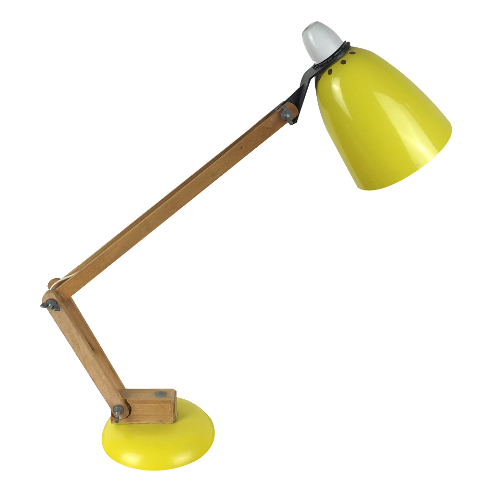 A Yellow Lamp With A Wooden Arm