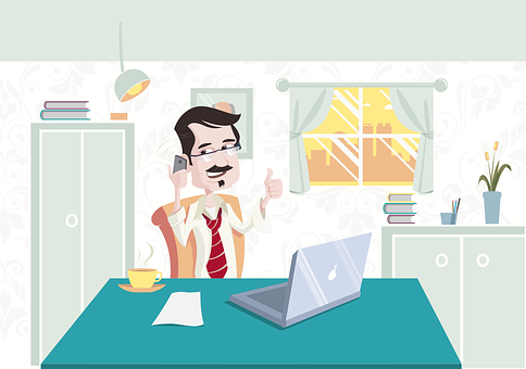 A Cartoon Of A Man Sitting At A Desk With A Laptop And A Phone
