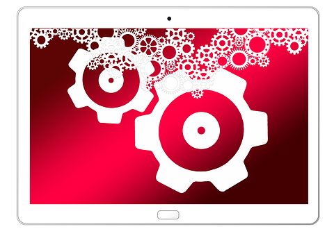 A White And Red Tablet With Gears On It