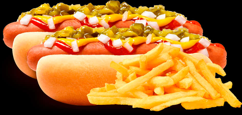 A Hot Dog With Mustard And Ketchup And Onions On Top Of French Fries