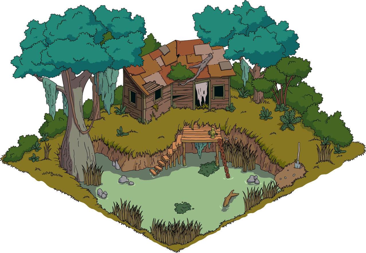 A Cartoon Of A House And A Pond