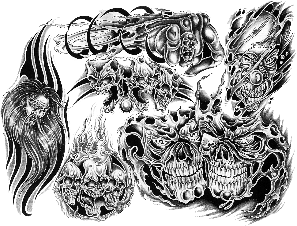 A Group Of Skulls With Flames