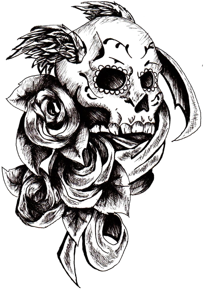 A Black And White Drawing Of A Skull And Roses
