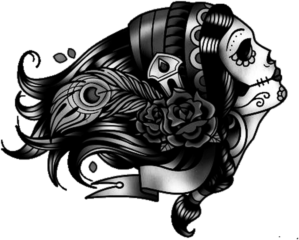 A Black And White Art Of A Woman With A Skull And Feathers