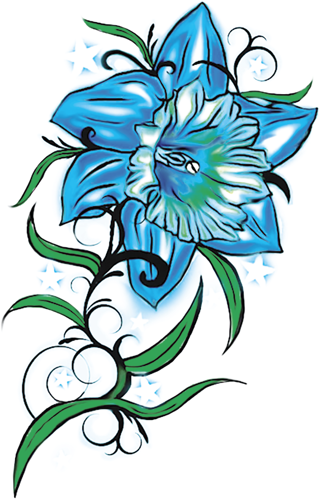 A Blue Flower With Green Leaves And Stars