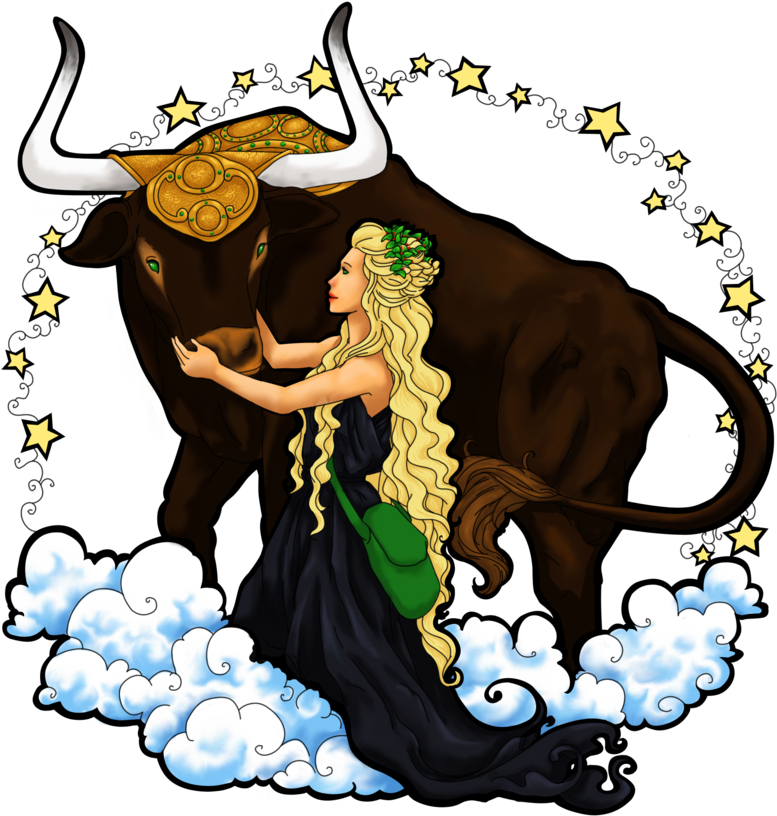 A Woman With Long Hair And A Long Dress With Horns And A Bull