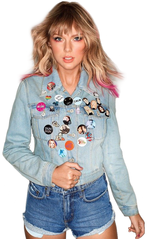 A Woman In A Denim Jacket With Many Pins On It