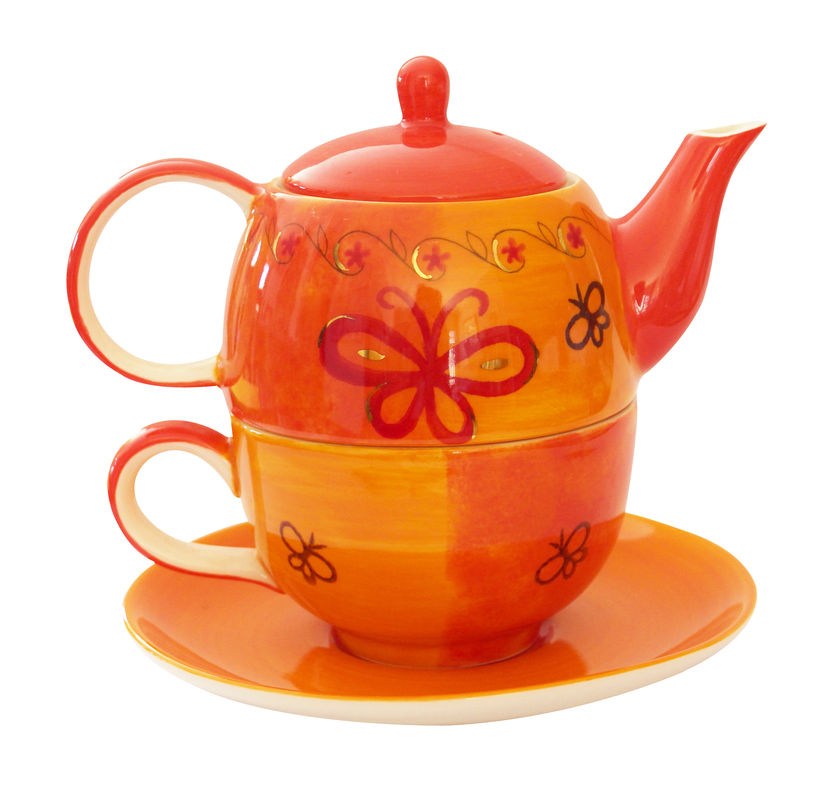 A Teapot And Saucer With A Butterfly Design