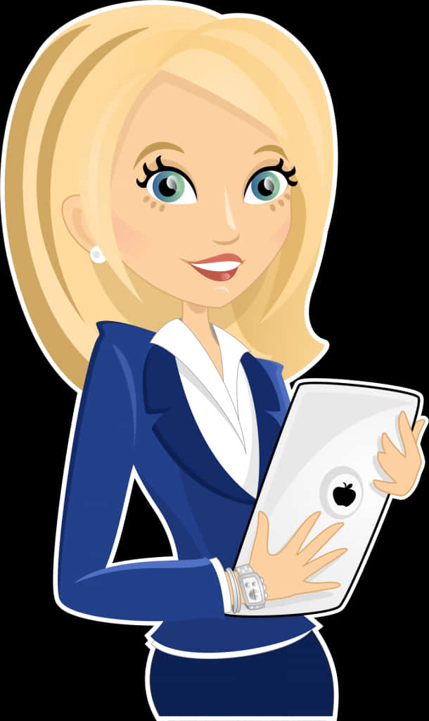 A Cartoon Of A Woman Holding A Tablet