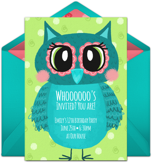 A Blue Owl Invitation With Pink And Green Polka Dots And White Text