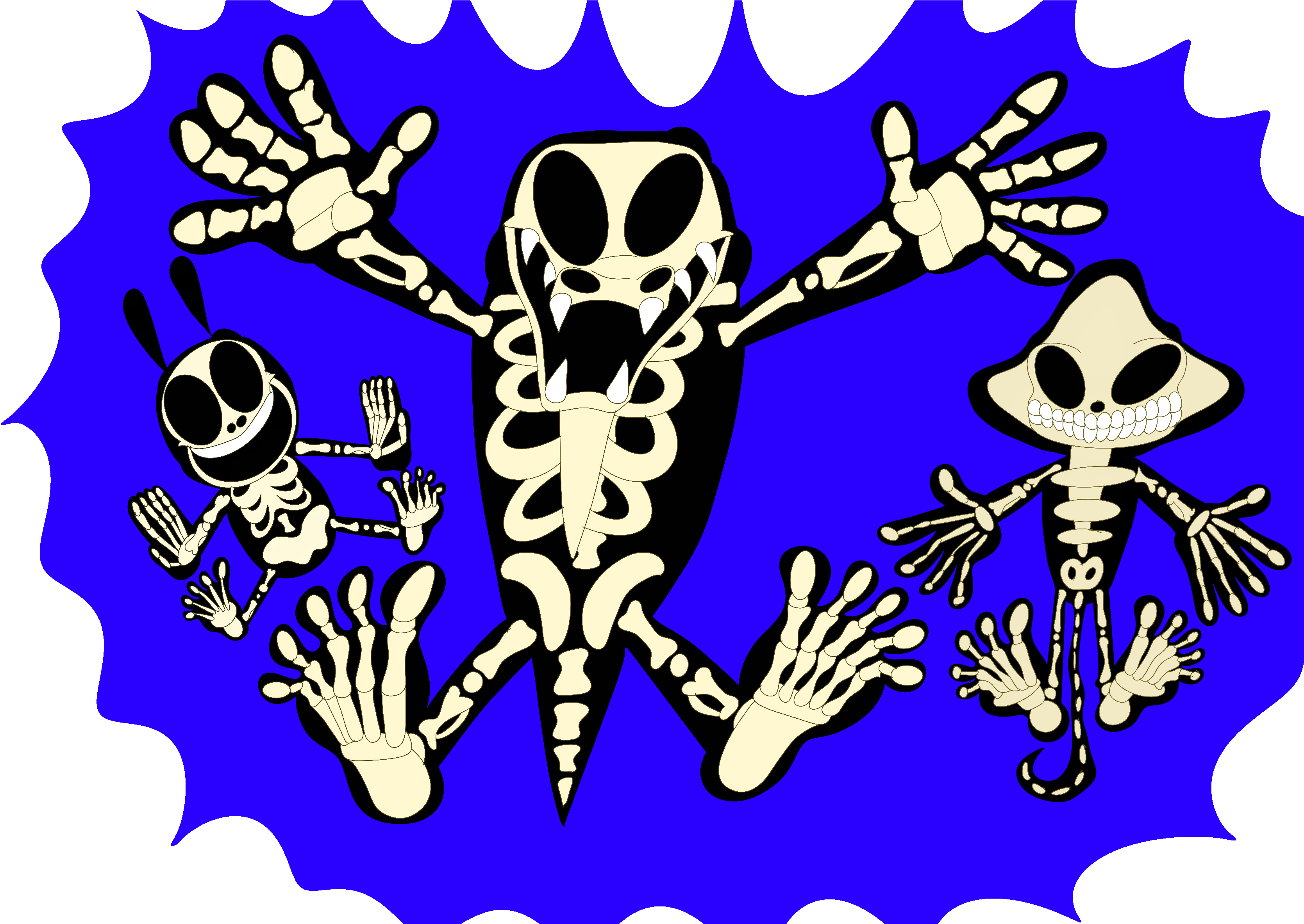 A Cartoon Of Skeletons On A Blue Background