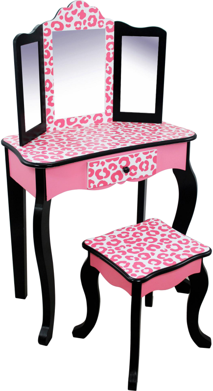 A Pink And Black Vanity With Mirror