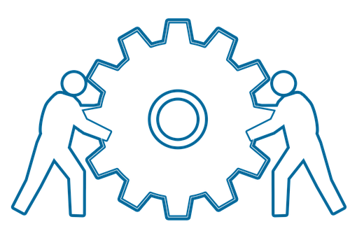 A Blue Outline Of People Pushing A Gear