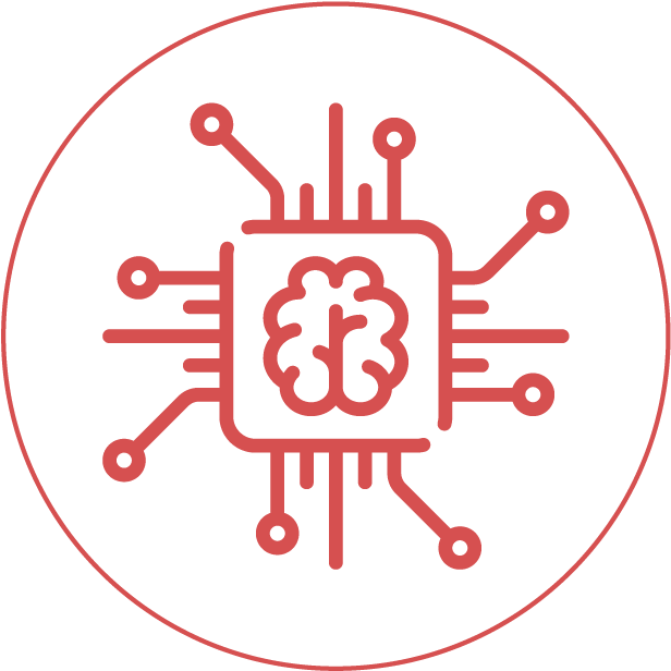 A Red And White Logo With A Brain And Lines