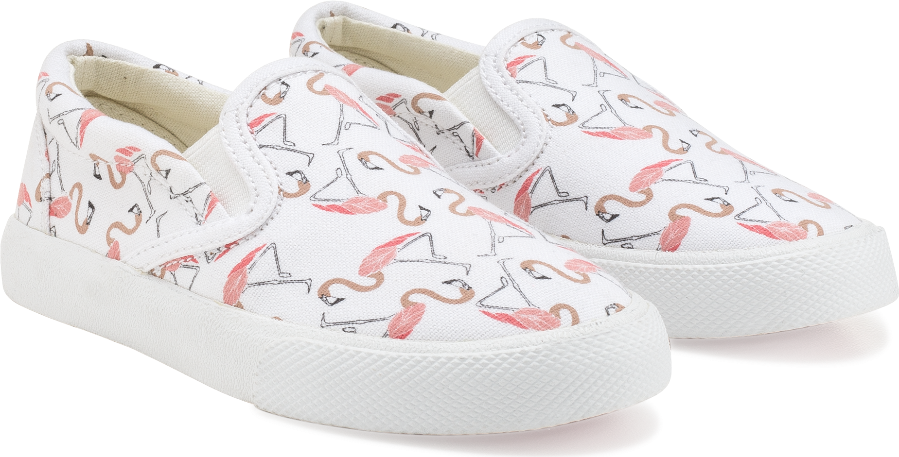 A Pair Of White Slip On Shoes With Flamingos On Them