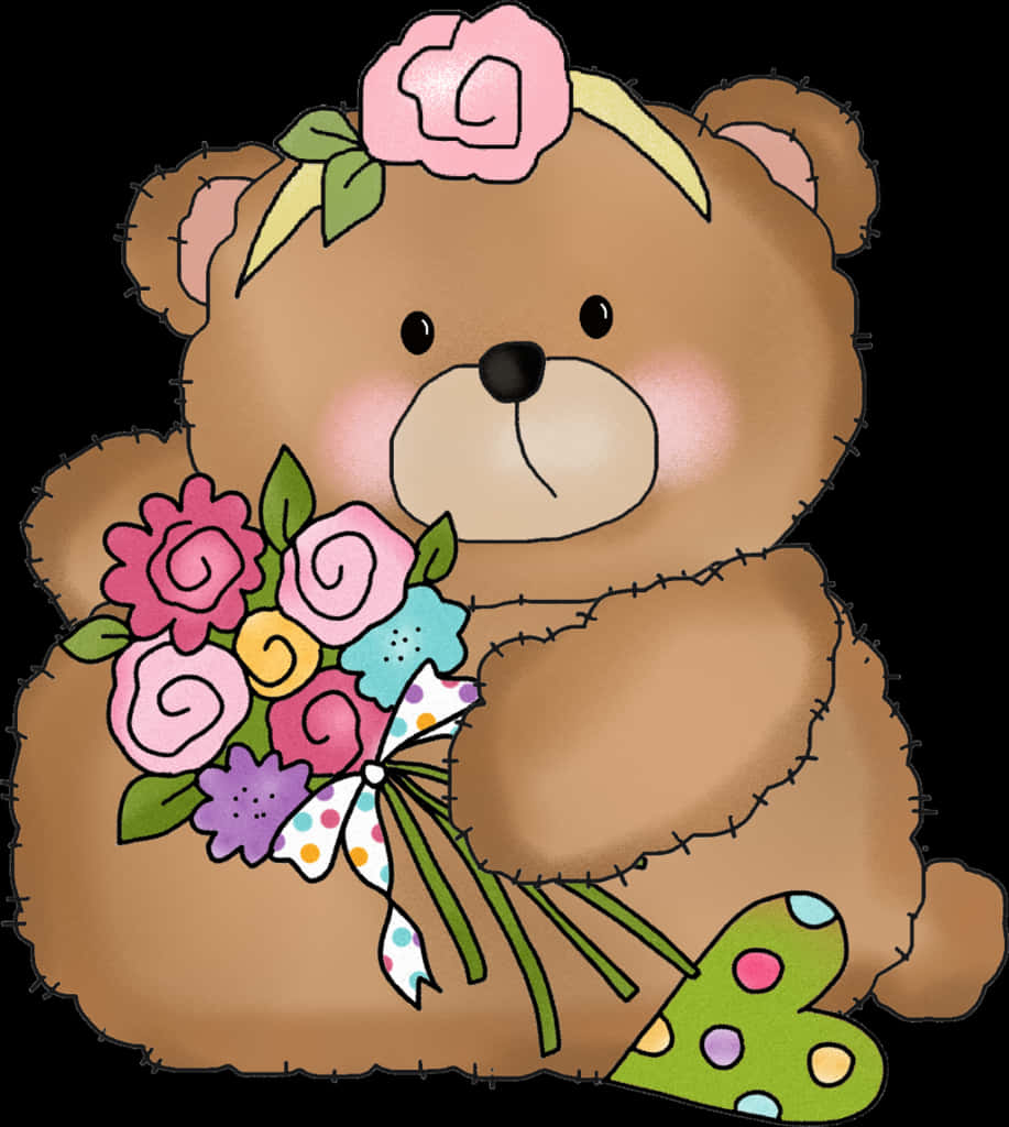 A Cartoon Of A Teddy Bear Holding Flowers