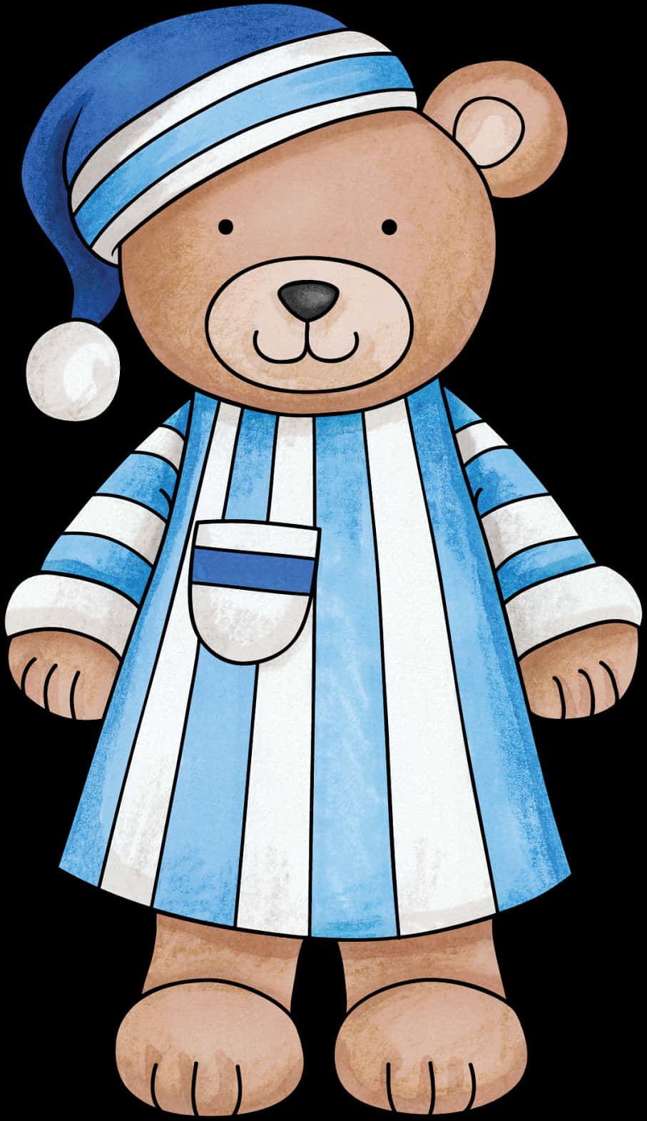 A Cartoon Of A Teddy Bear Wearing A Blue And White Striped Robe