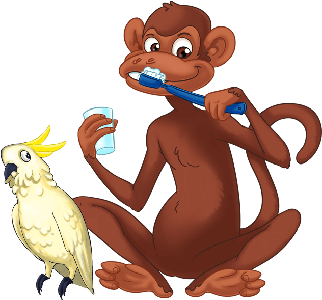 A Cartoon Monkey Holding A Toothbrush And A Bird