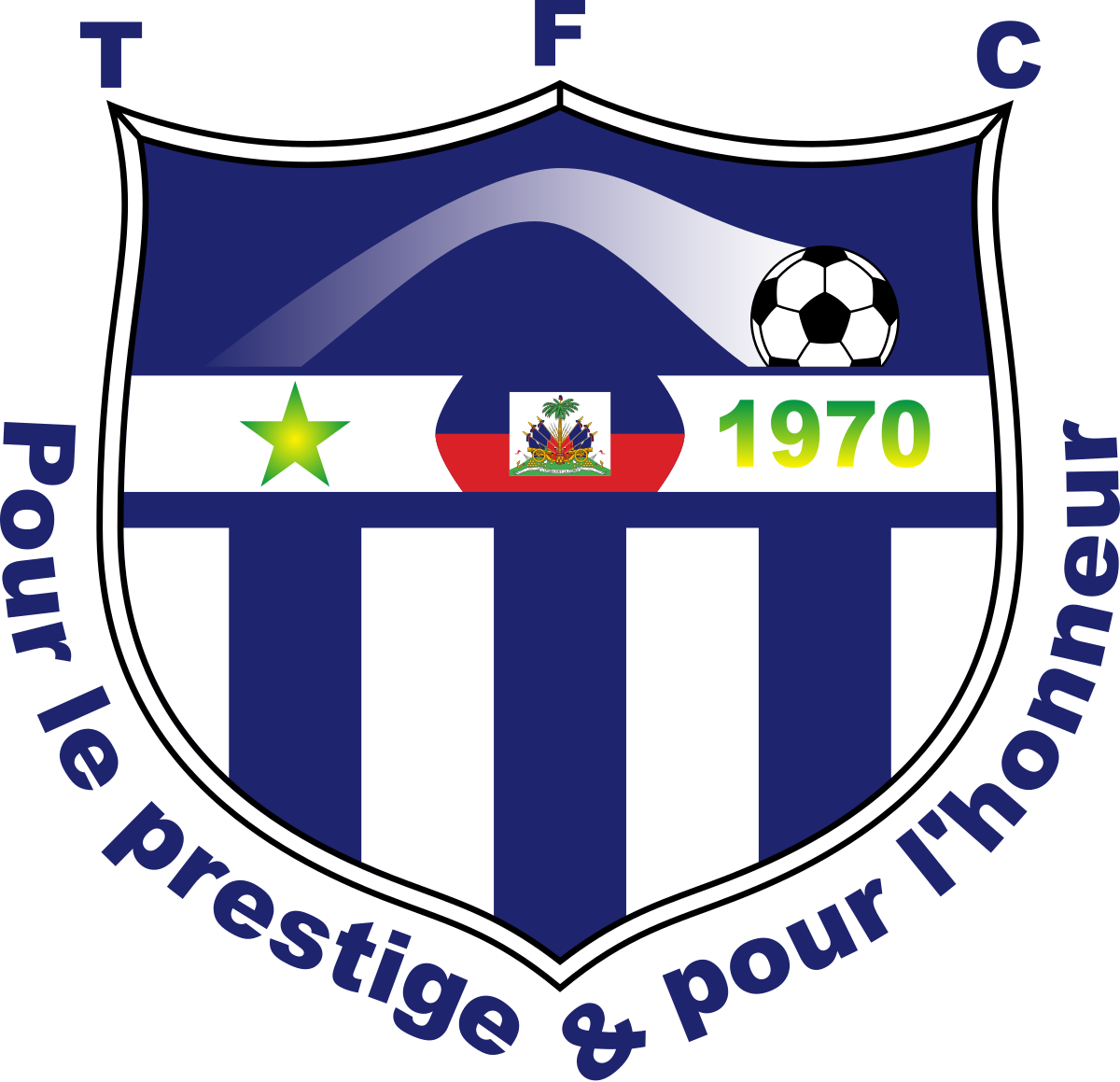 A Blue And White Striped Shield With A Football Ball