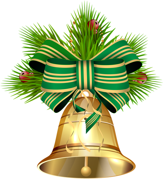 A Gold Bell With A Green Bow And Pine Branches
