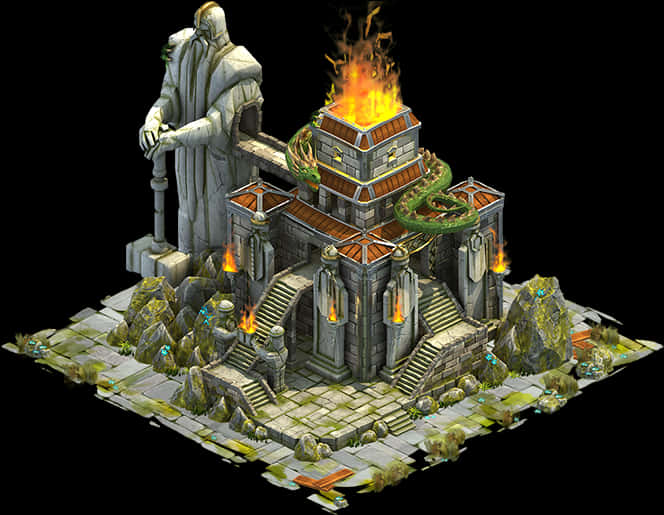 A Video Game Graphics Of A Building With A Statue On Fire