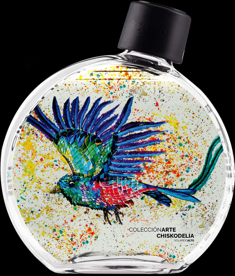 A Round Bottle With A Colorful Bird Painting On It