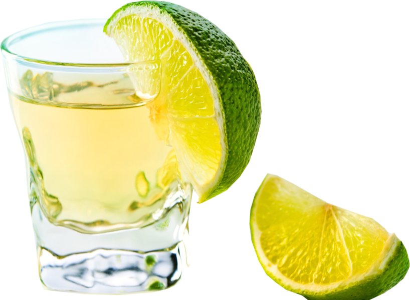 A Shot Glass With A Lime Wedge And A Drink