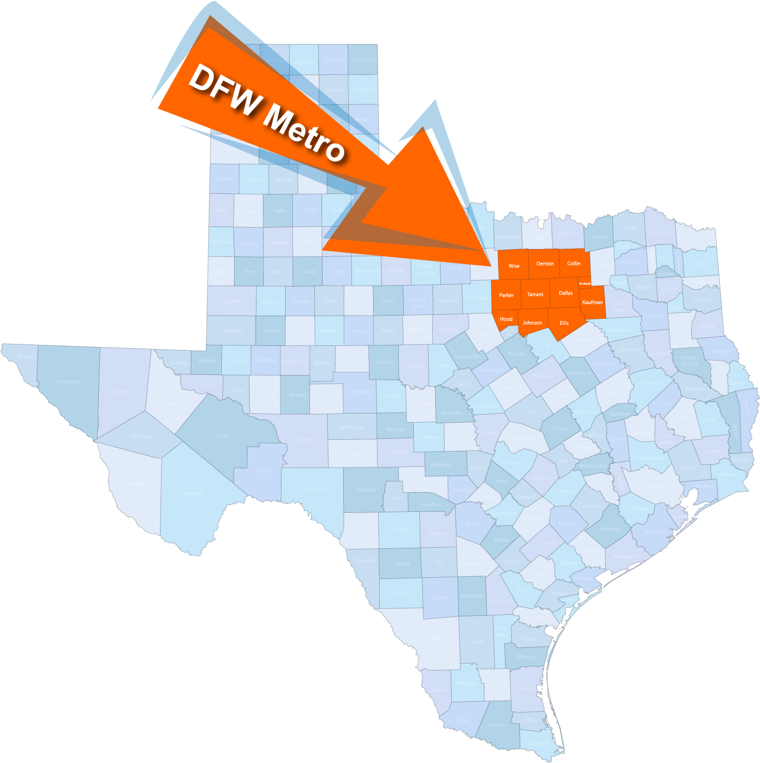A Map Of Texas With Orange Arrows Pointing To Metro