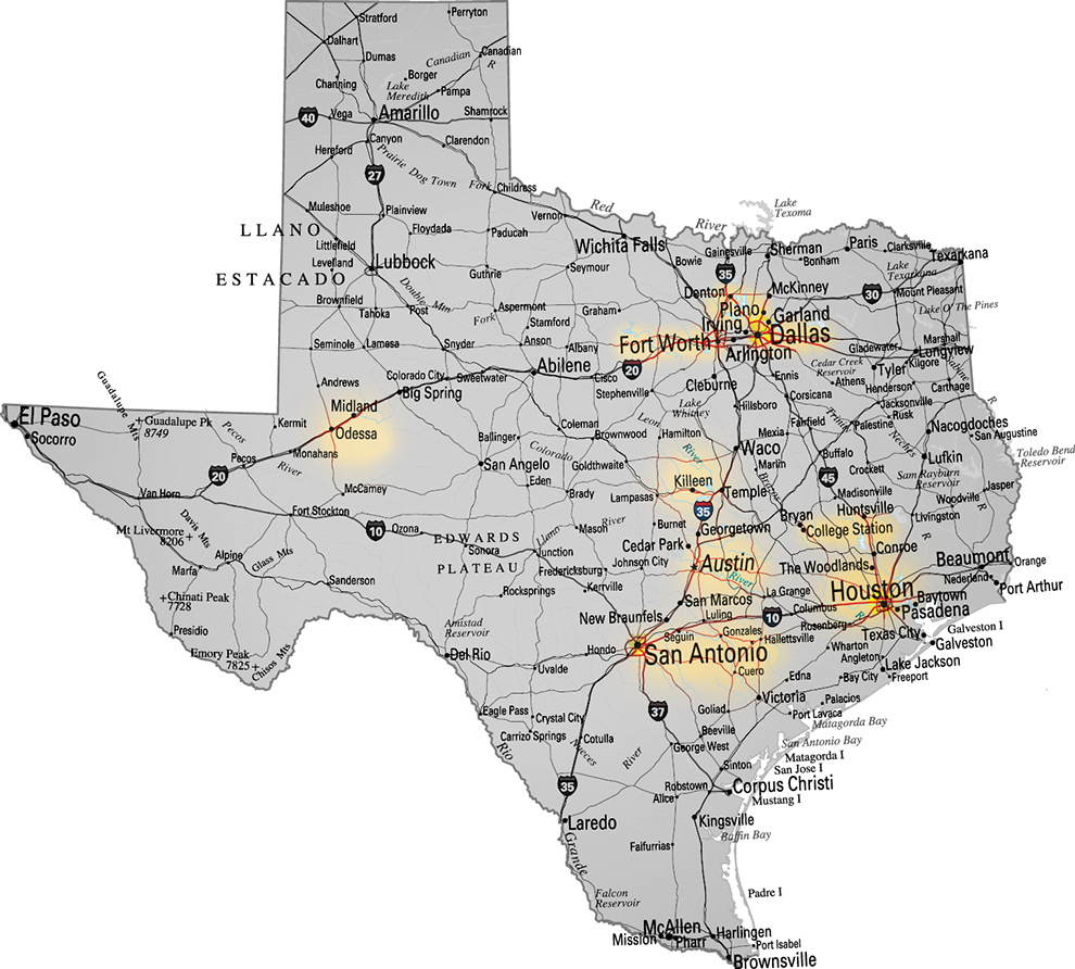 A Map Of Texas With Cities