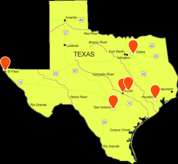 A Map Of Texas With Orange Pins