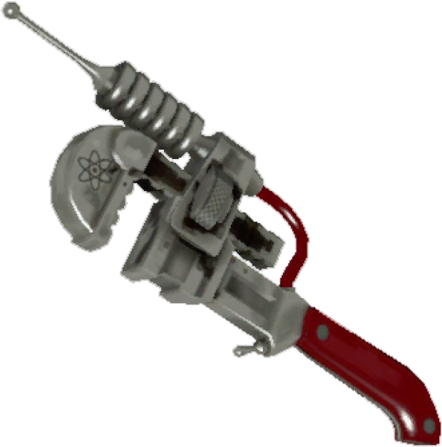 A Metal Gun With A Red Handle