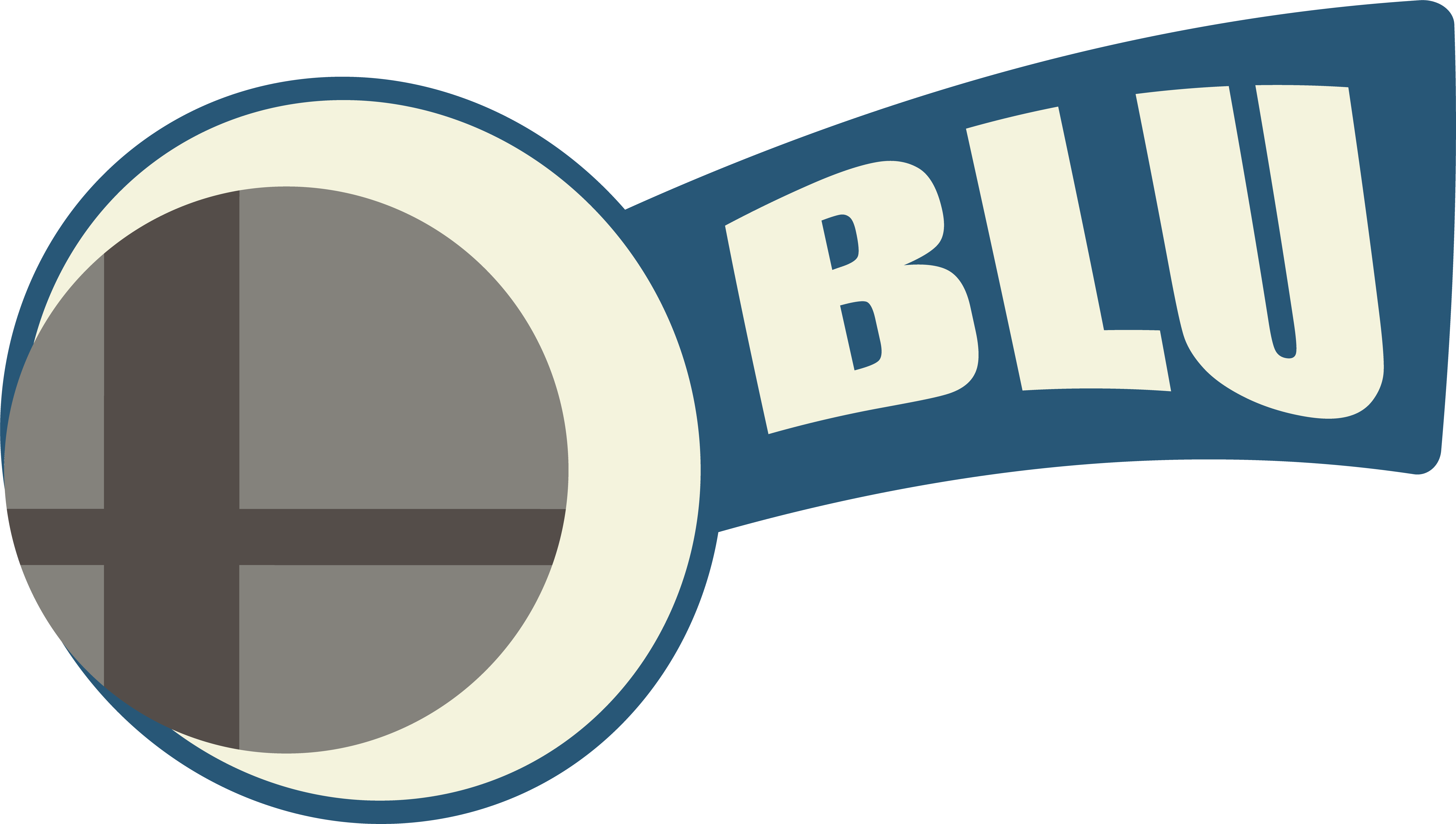 A Logo Of A Grey Circle With A White Circle And A Blue Banner