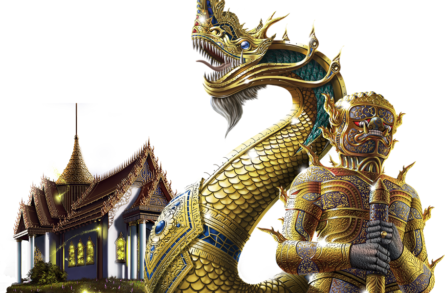 A Gold And Blue Dragon With A Building In The Background