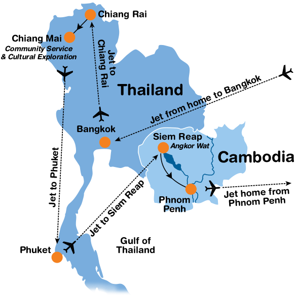 A Map Of Thailand With Orange Arrows