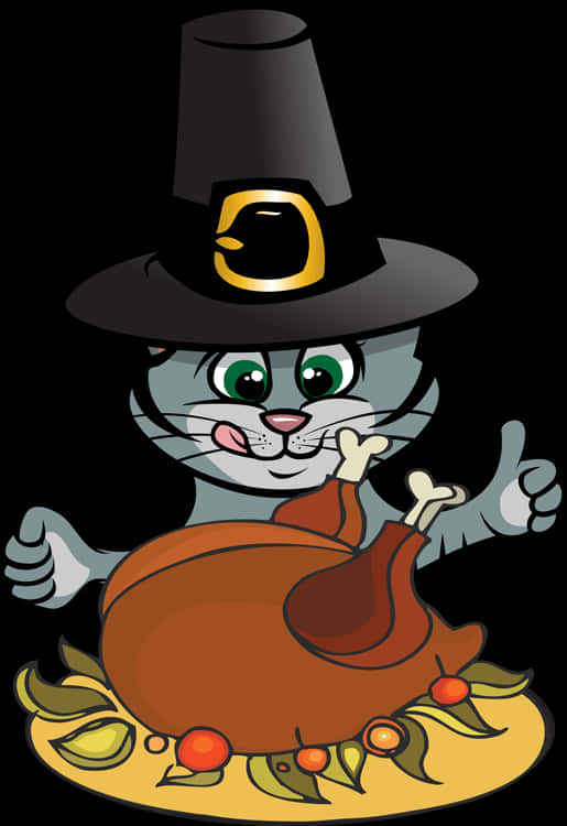 A Cartoon Of A Cat Wearing A Pilgrim Hat And Holding A Turkey