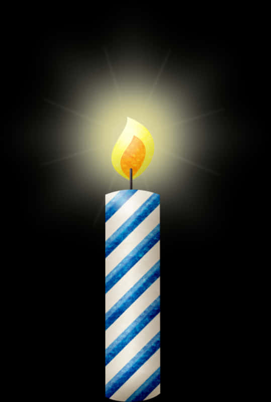 A Blue And White Striped Candle With A Flame